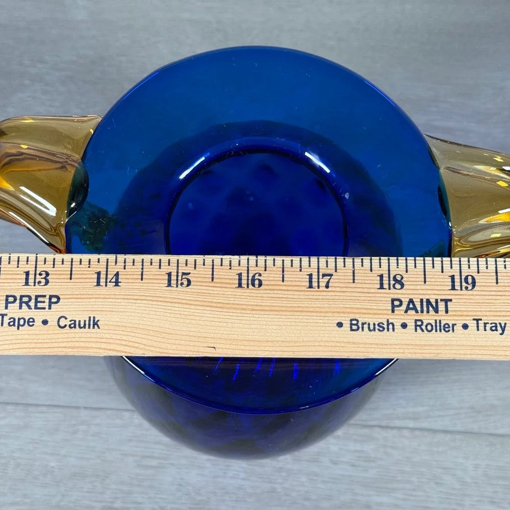 Blenko Cobalt Blue Optic Honeycomb Pitcher Amber Handles 9.5